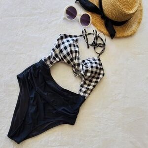 Floral Print Halter Tummy Control Lace up One Piece Swimsuit‎ Size M